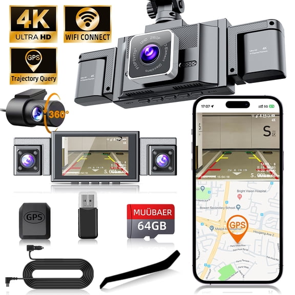 Dash Cam Front and Rear Inside, 360° Car Camera, 4-Channel 4K Dashcam for Cars, 64GB SD Card Included, 8 IR Night Vision, WDR, APP & 5.8GHz WiFi, External GPS Supported, 24H Parking Mode