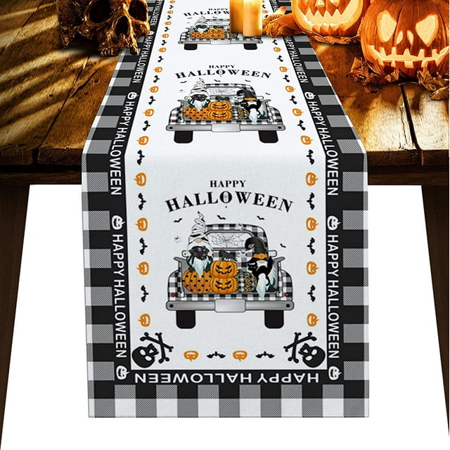 Halloween Table Runner, Halloween Gnome and and Orange Plaid Rustic Table Runner for Holiday Birthday Party Kitchen Dining Table Home Decor, 18x72in