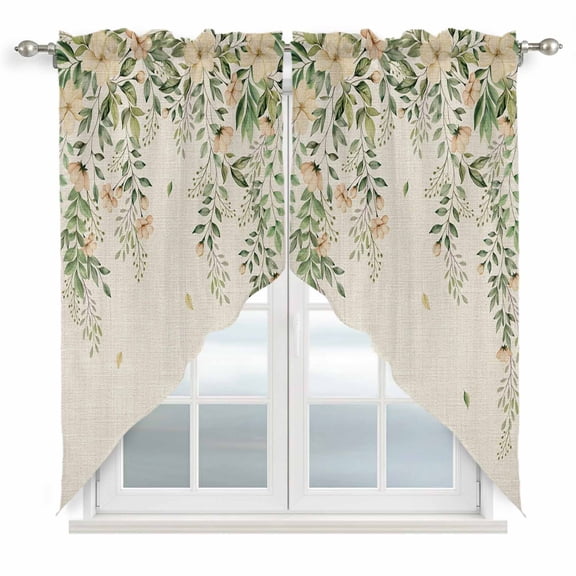 Watercolor Floral Swag Valances for Windows 2 Pack, Kitchen Window Curtains 36 Inch Length, Spring Leaves Flowers Botanical Beige Privacy Swag Curtains for Living Room/Bathroom 36"x36"