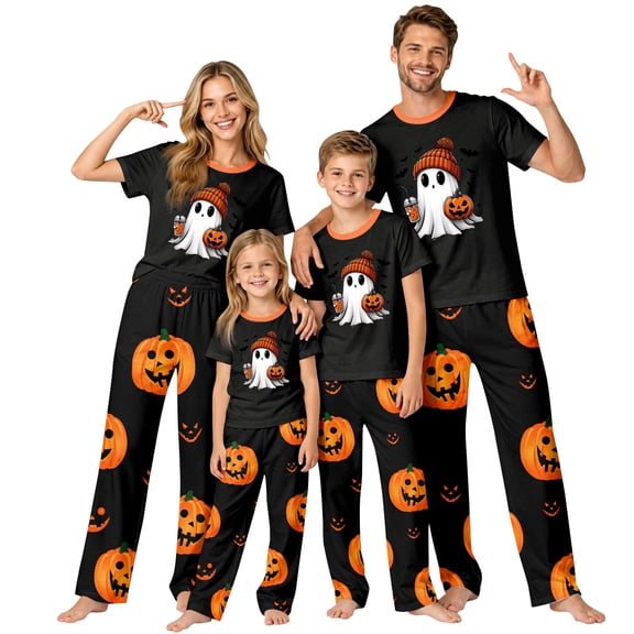 Yuaguia 2026 Matching Family Halloween Pajamas Sets Halloween Printed Family Outfits Sets Casual Short Sleeve Top with Bottom Home Wear Loungewear Sleepwear Jammies for Women, XXXL
