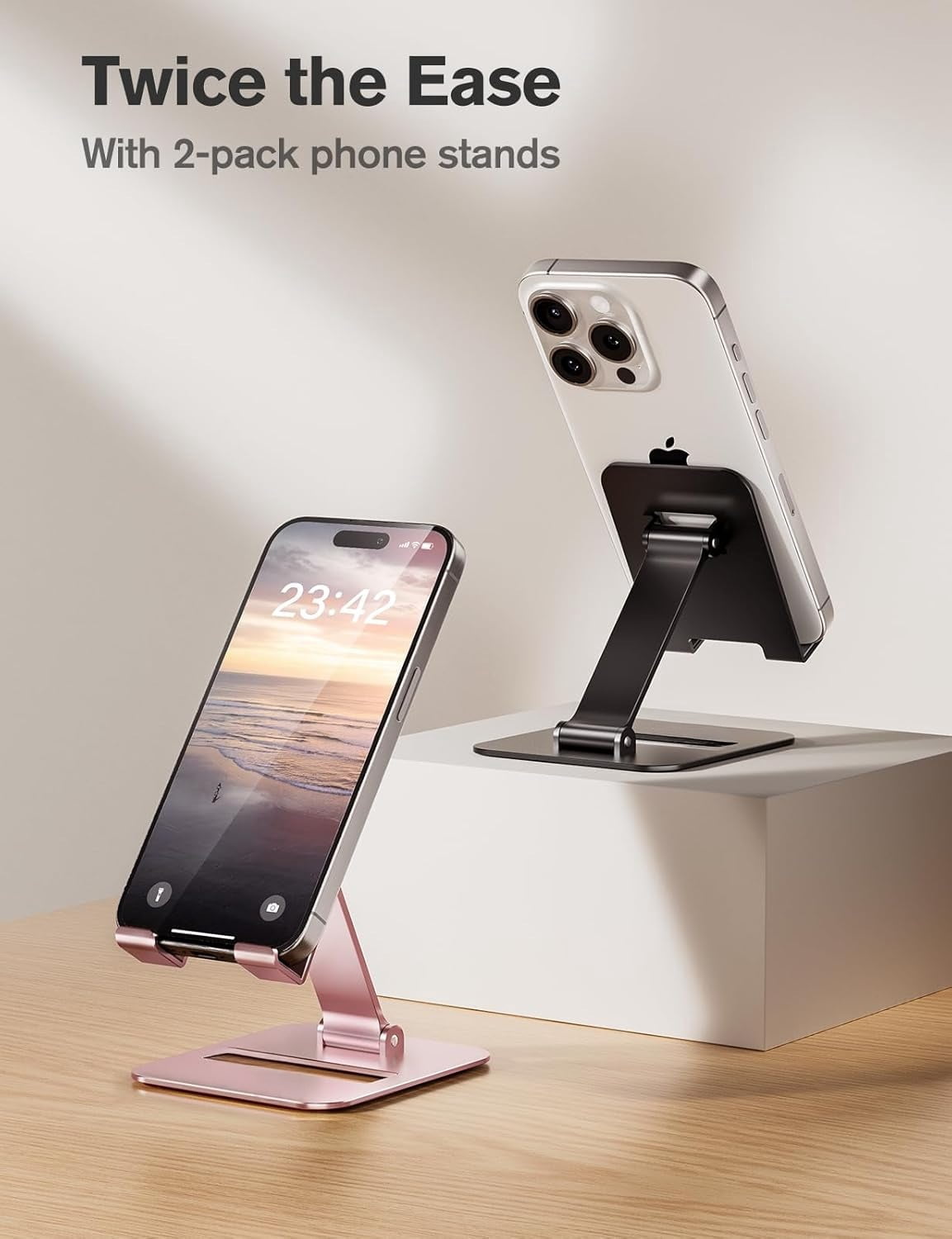 2 Pack Dual Folding Cell Phone Stand, Fully Adjustable Phone Holder for Desk, Compatible with iPhone 16 15 14 13 12 11, Nintendo Switch, All Phones, Silver