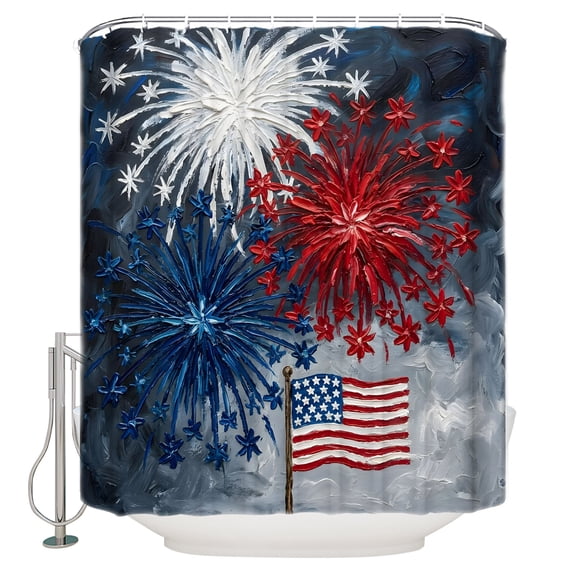 Anniversary USA Flag Bathroom Shower Curtains with 12 Hooks Polyester Waterproof Shower Curtain for Stalls and Bathtubs American Blue Red Fireworks Decorative Bathroom Privacy Curtain 54x78 Inches