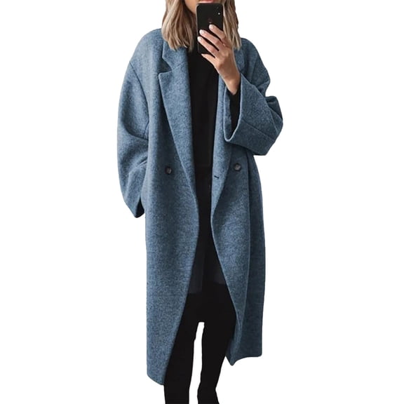 LEKODE Women's Pea Coats Wool Blend Double Breasted Notch Lapel Trench Coat Blue M