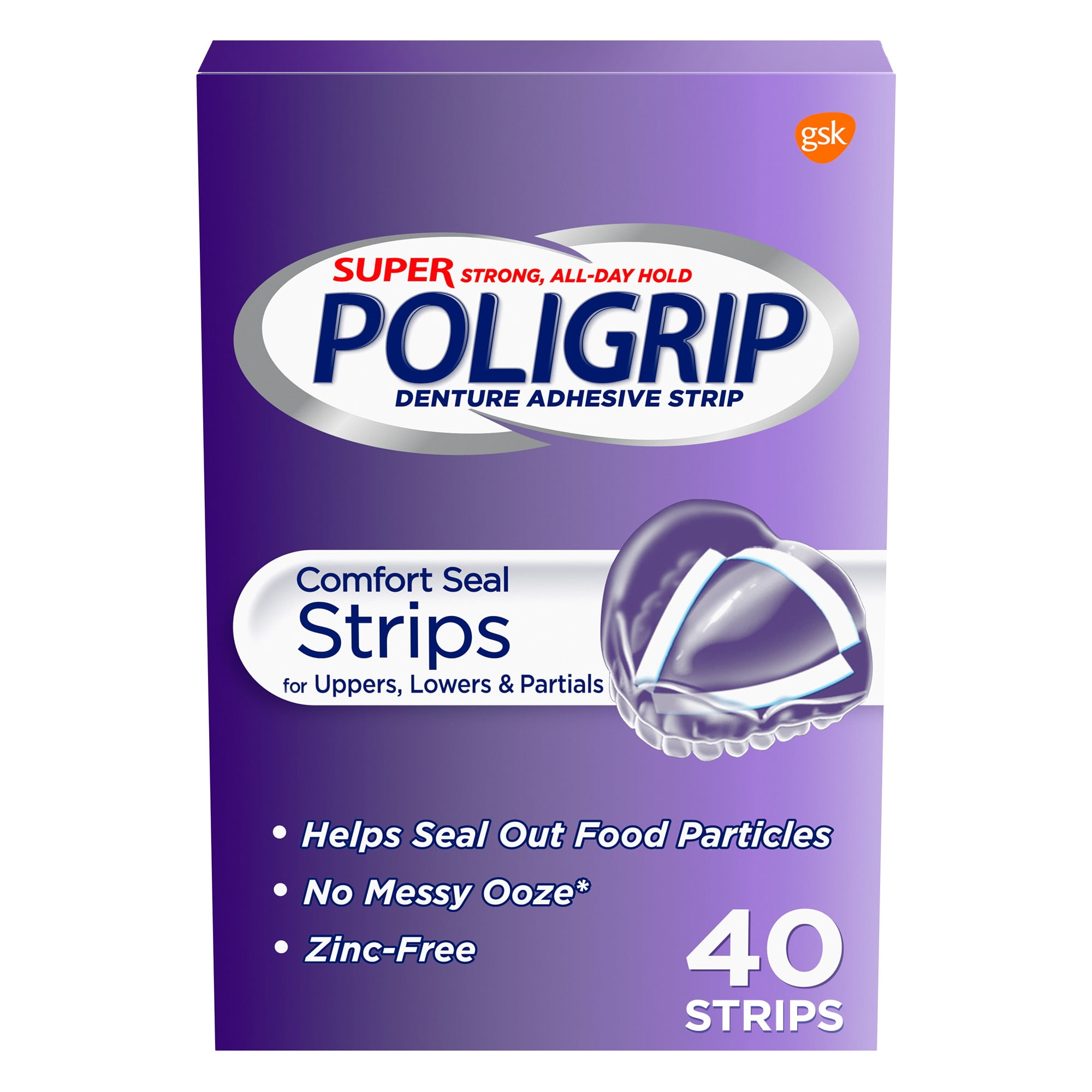 Super Poligrip Comfort Seal Denture and Partials Adhesive Strips, 40 Ct