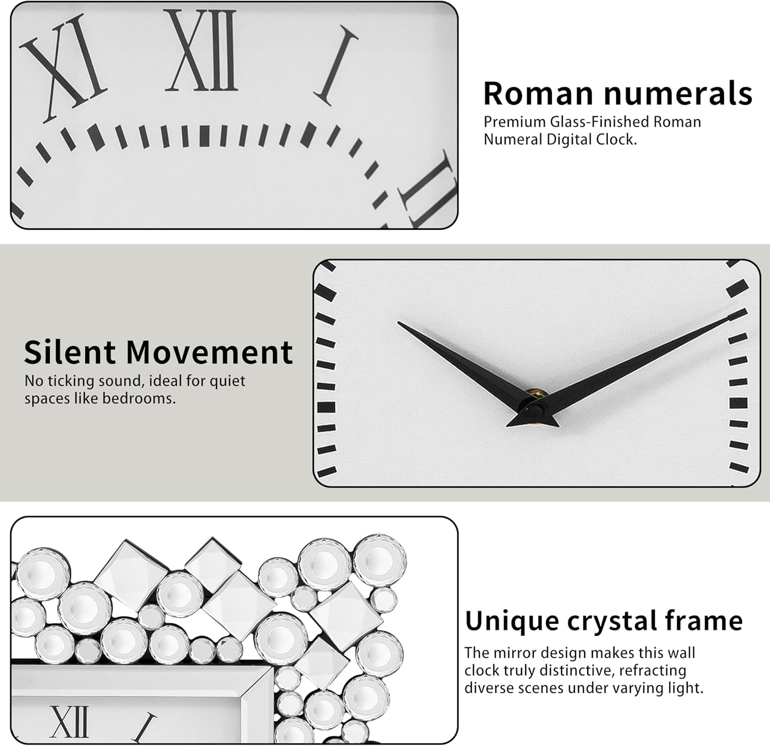 SHYFOY 20" Crystal Wall Clock, Modern Square Mirror Wall Clock with Roman Numerals, Silent Non-Ticking Luxury Wall Decor for Living Room Bedroom Office