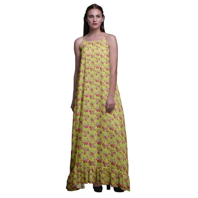 Bimba Chemise de Nuit Imprimée Feuilles Florales & Fleurs Jaune Moyen pour Femmes Longue Robe Maxi à Bretelles Spaghetti X-Small
