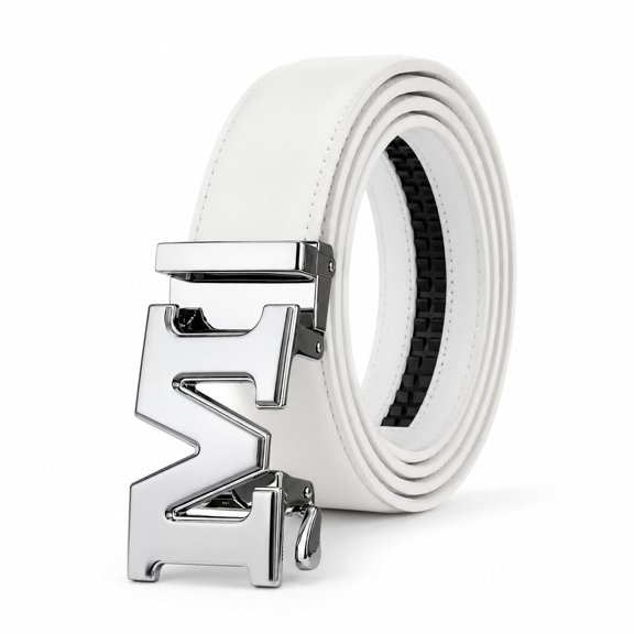 TRISJEM Unisex White M Buckle Belt, PU Leather Fashion Belt with Statement Letter Buckle, Adjustable Waist Belt for Men and Women