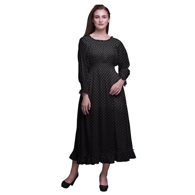 Bimba Robe Maxi à Volants pour Femmes, Géométrique, Manches Bishop, Col Rond, Taille Smockée - Petit