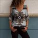 thumbnail image 2 of Camiseta de manga corta con cuello en V y hombros descubiertos con estampado retro para mujer Pompotops hkajfhjk458472, 2 of 5