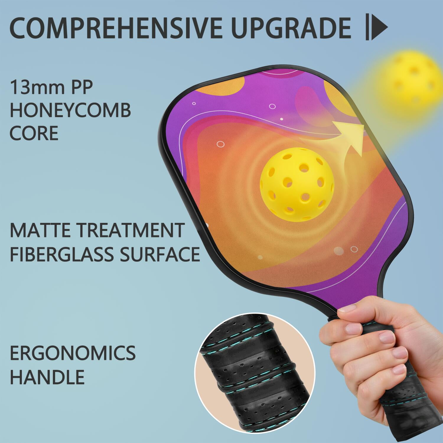 Pickleball Paddles Set Of 2, Fiberglass Surface, Neon Fluid Print, 4 Balls & Bag