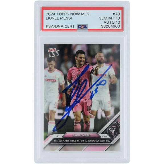 Lionel Messi Inter Miami CF Autographed 2024 Topps Now MLS Fastest Player in MLS History to 25 Goal Contribution #70 PSA Authenticated 10/10 Card - Fanatics Authentic Certified