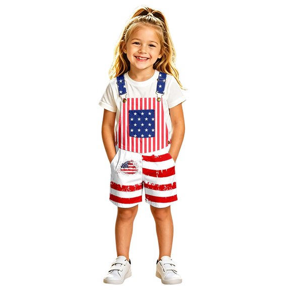 Girls Rompers Lively Patriotic Print Sleeveless Square Neck Kids Minimalist Strap Short Jumpsuit Trendy Summer Outfit