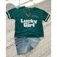 thumbnail image 2 of Lucky Girl Women’s V-Neck Jersey T-Shirt, Teal Green, Size M – Casual Oversized Graphic Top, 2 of 2