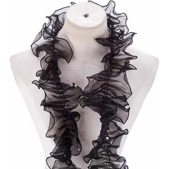 4.37 Yards(4m) Pearl Trim Organza Lace Ribbon 6.29 Inch Black Pleated Fabric Ribbon Chiffon Edging Trimmings for Sewing Craft Wedding Bridal Dress Clothes Embellishment