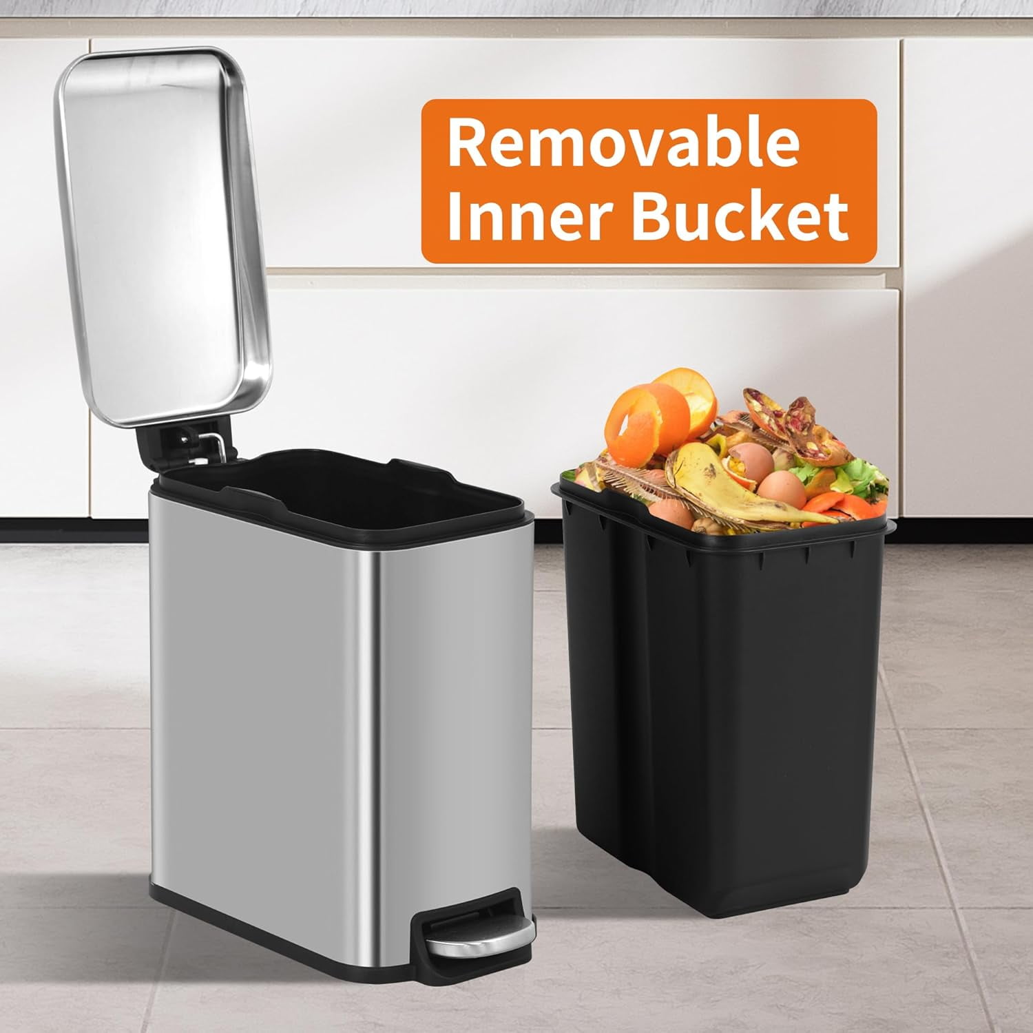 BIQWBIC 5L/1.3 Gallon Stainless Steel Trash Can with Lid – Foot-Operated Portable Garbage Bin with Removable Bucket for Bathroom, Office, Bedroom (1 Pack, Silver)