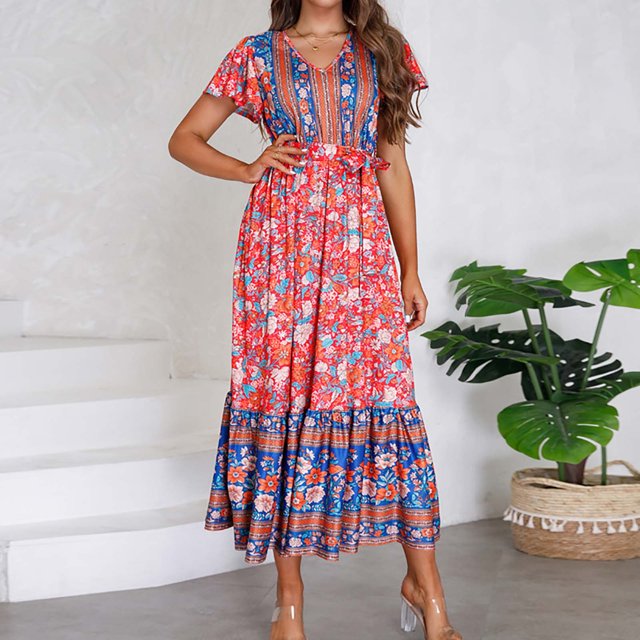 SMihono Robe Maxi Bohème d'Été pour Femmes Grande Taille Mode Décontractée Printemps et Été Imprimé Floral Manches Courtes Col en V Robe de Plage