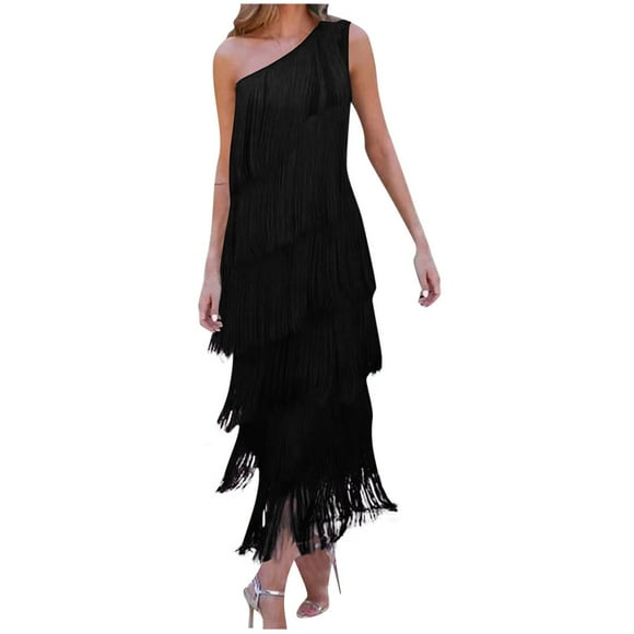 Meichang Womens One Shoulder Prom Dresses Sleeveless Fringe Flapper Dresses Solid Long formal Evening Gowns Elegant Party Cocktail Dresses