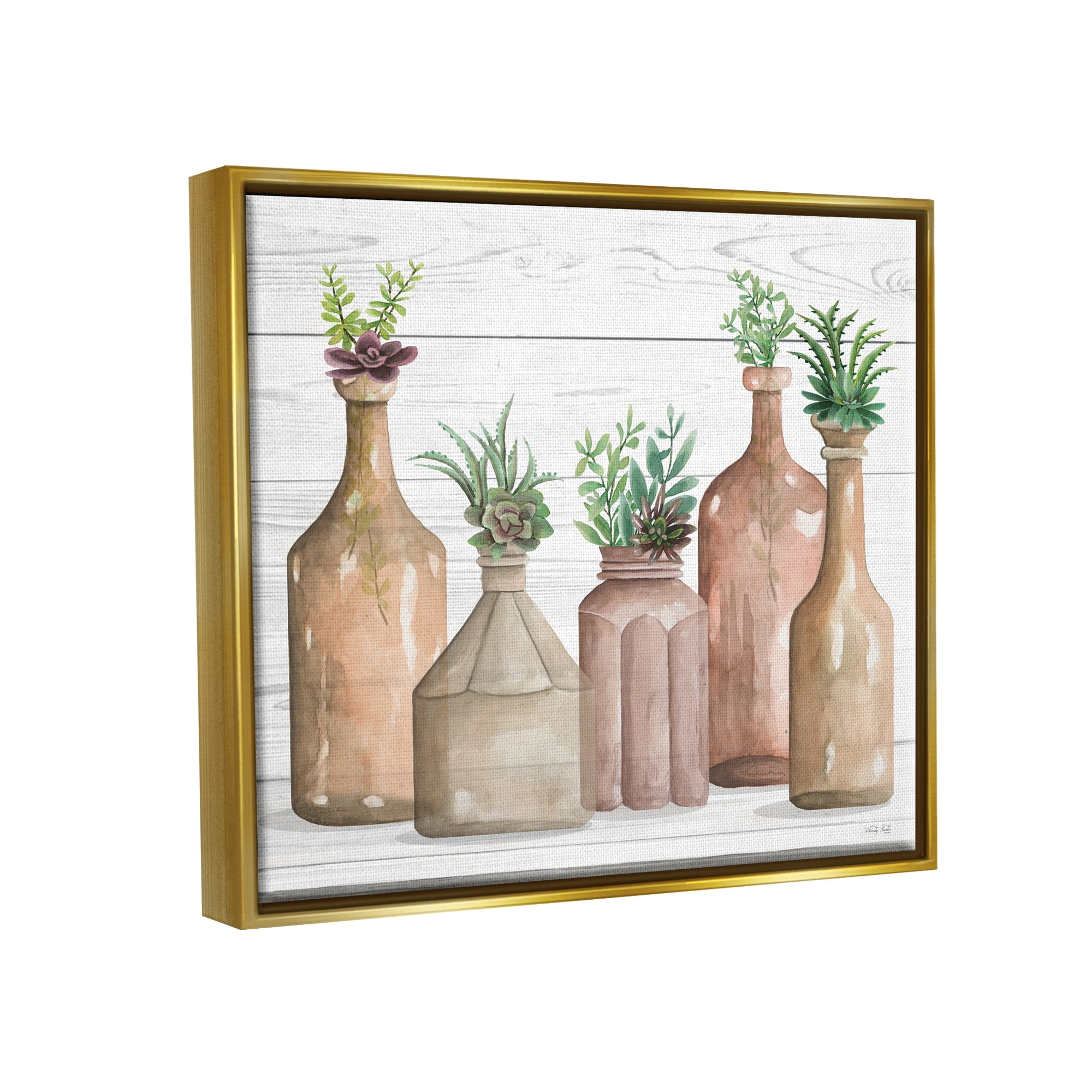 Stupell Industries Succulents Herbs Rustic Cottage Jars Leaves Arrangement Graphic Art Metallic Gold Floating Framed Canvas Print Wall Art, Design by Cindy Jacobs