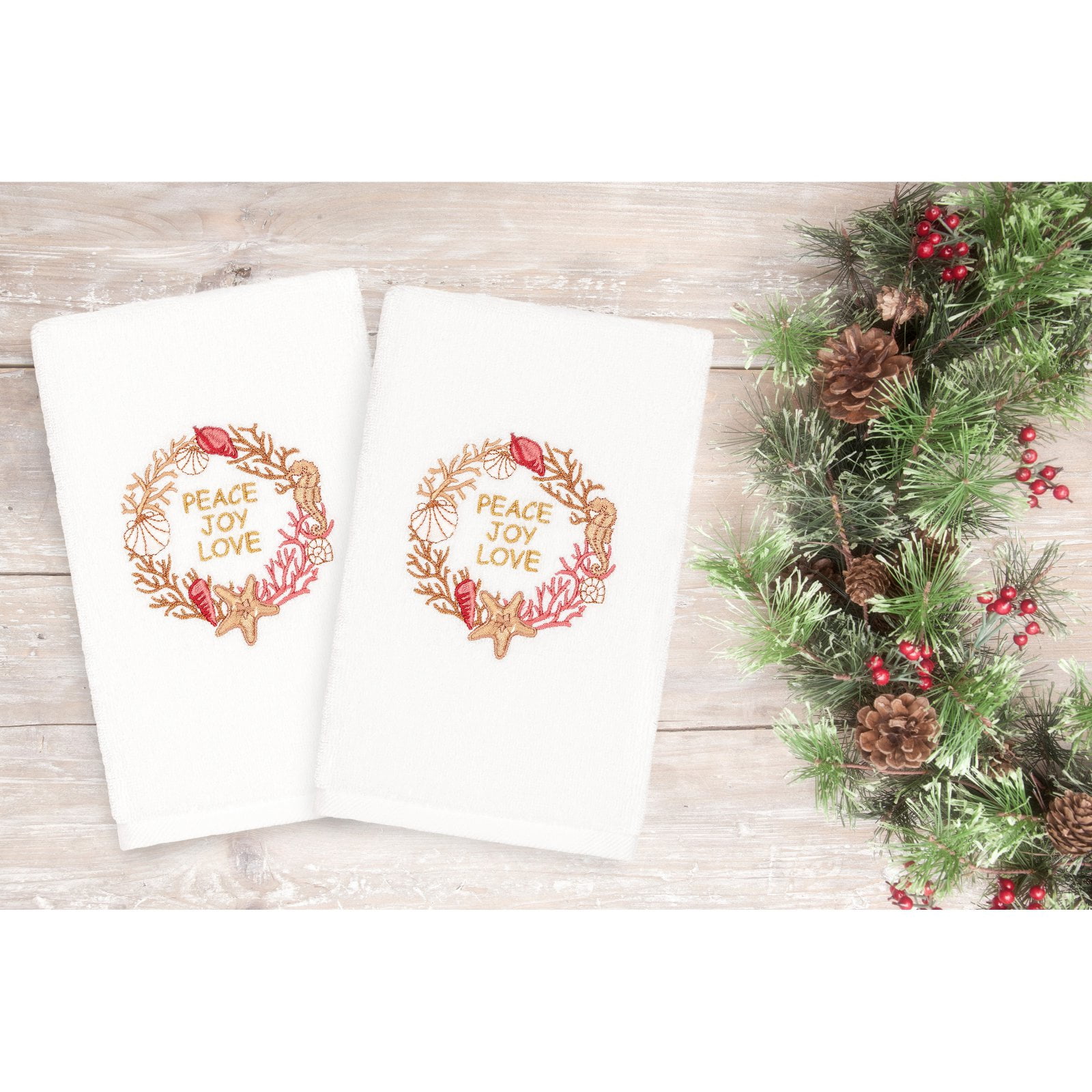 Linum Home Textiles Christmas Peace Embroidered Turkish Cotton Hand Towel - Set of 2