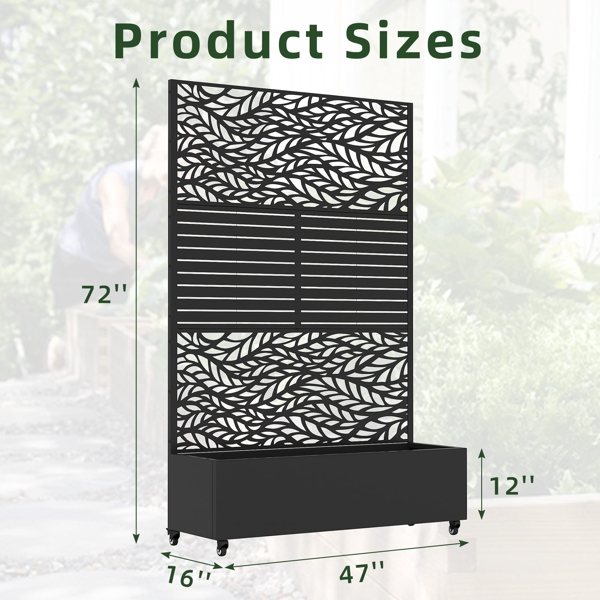 MAYEERTY 47*16*72" Outdoor Black Metal Planter Box with Trellis for Climbing Plants, Leafy & Parallel Pattern