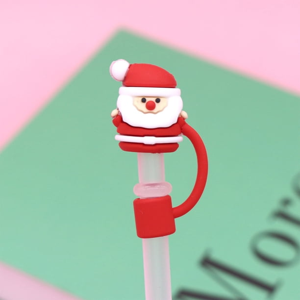 Cubrepajitas navideño de gel de sílice | Tapa reutilizable a prueba de salpicaduras de 1 cm de diámetro | Diseño de Papá Noel | Cubrepajitas apto para uso alimentario para botellas de agua y vasos |