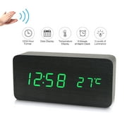Electronic LED Digital Wooden Alarm Clock Time/ Temperature/ Date Display Desktop Clock 3 Levels Brightness Voice Control USB Charge or Battery Supply -- Natural Wood
