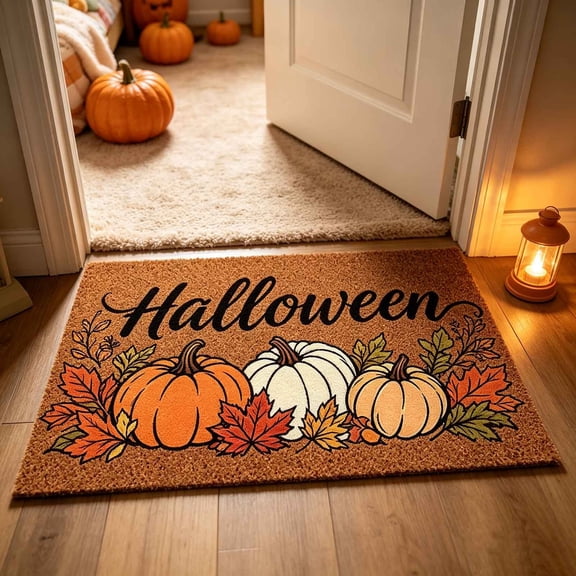 Halloween Coir Doormat, Pumpkin Maple Leaf NonβSlip Welcome Floor Mat for Front Porch Fall Home Decoration