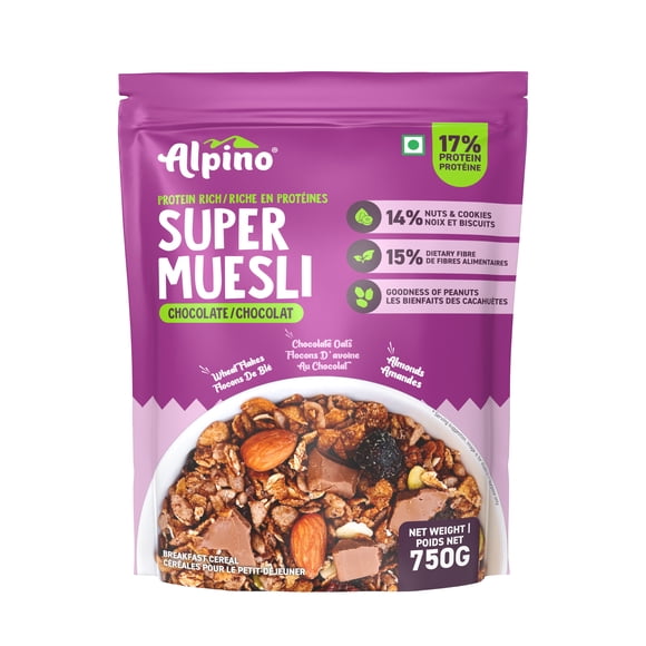 Alpino Super Muesli au Chocolat Riche en Protéines 750 g / Croquant / 61 % de Grains Entiers / 14 % de Noix et Biscuits / 17 % de Protéines / Riche en Fibres / Conserve à Température Ambiante / Sachet Refermable