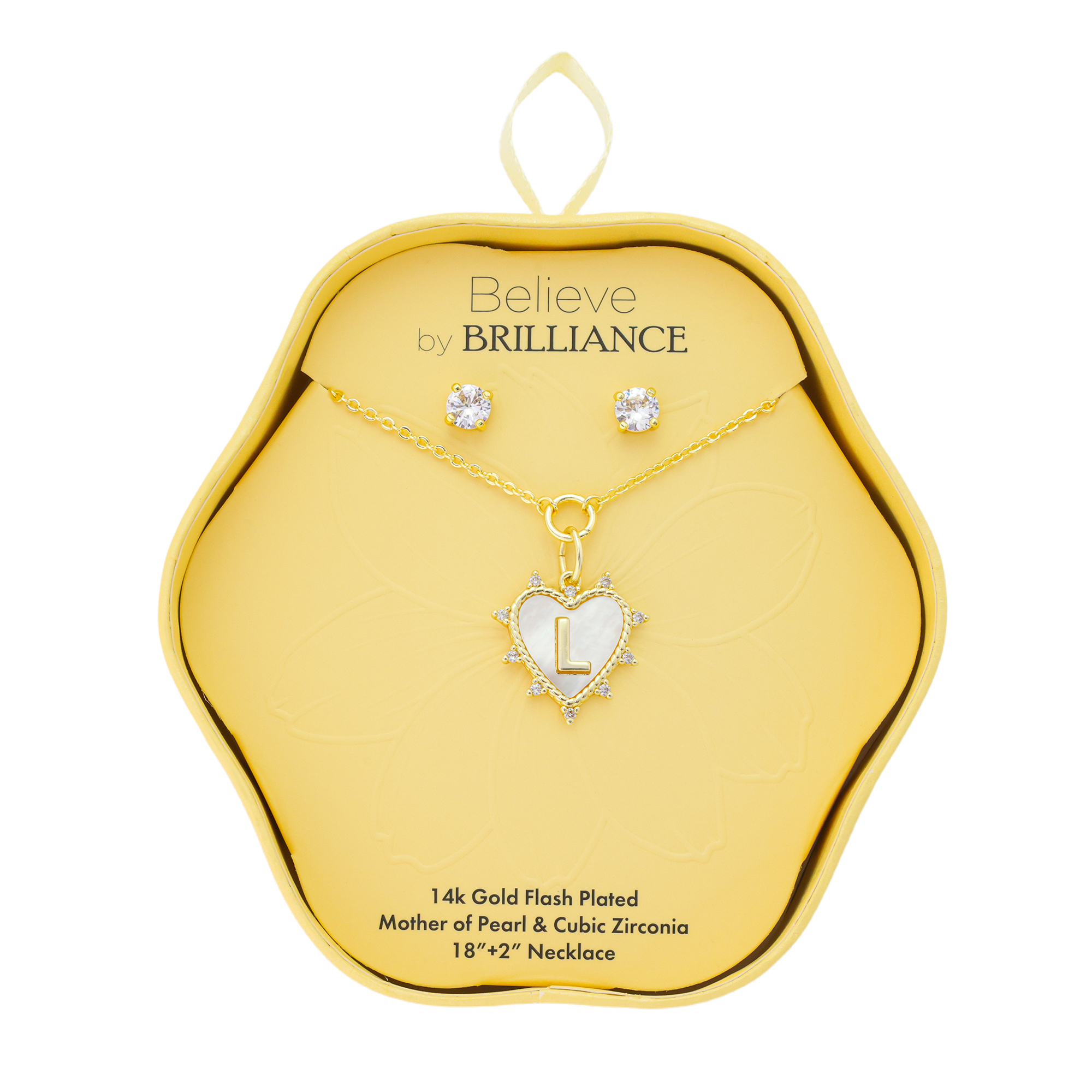 Believe by Brilliance Women's 14Kt Gold Flash Plated Mother of Pearl and Cubic Zirconia Heart "L" Necklace and Earring Set