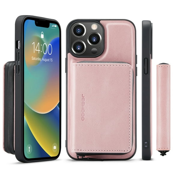 Decase for iPhone 14 Pro Max Case Wallet with Card Holder, Vintage PU Leather RFID Blocking Zipper Double Magnetic Flip Folio Kickstand Shockproof Protective Phone Cover for Women Men, Pink