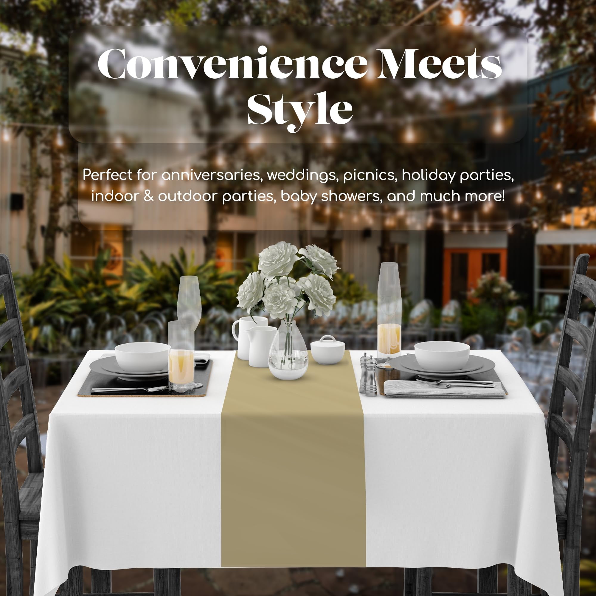 Beige 12 Pack Premium Disposable Plastic Table Runner 14 x 108 Inch. Decorative Table Runner for Dinner Parties & Events, Decor By Grandipity
