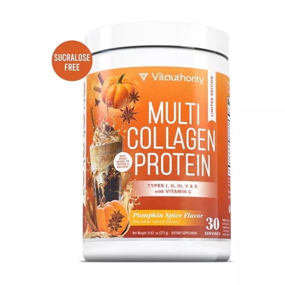 Vitauthority Multi Collagen Peptides Beauty Supplement, Pumpkin Spice Collagen Powder with Vitamin C & Hyaluronic Acid, 30 Servings