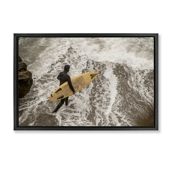 Stupell Industries Surfer Strolling Shore People Photography Black Floater Framed Canvas Art Print Wall Art, 25 x 17