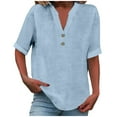 thumbnail image 2 of VJGBEGW Women Cotton Linen Tunic Tops Casual Half Sleeve 1/4 Button V Neck Shirts Loose Fit Summer Beach Vacation Blouse Light Blue L, 2 of 9
