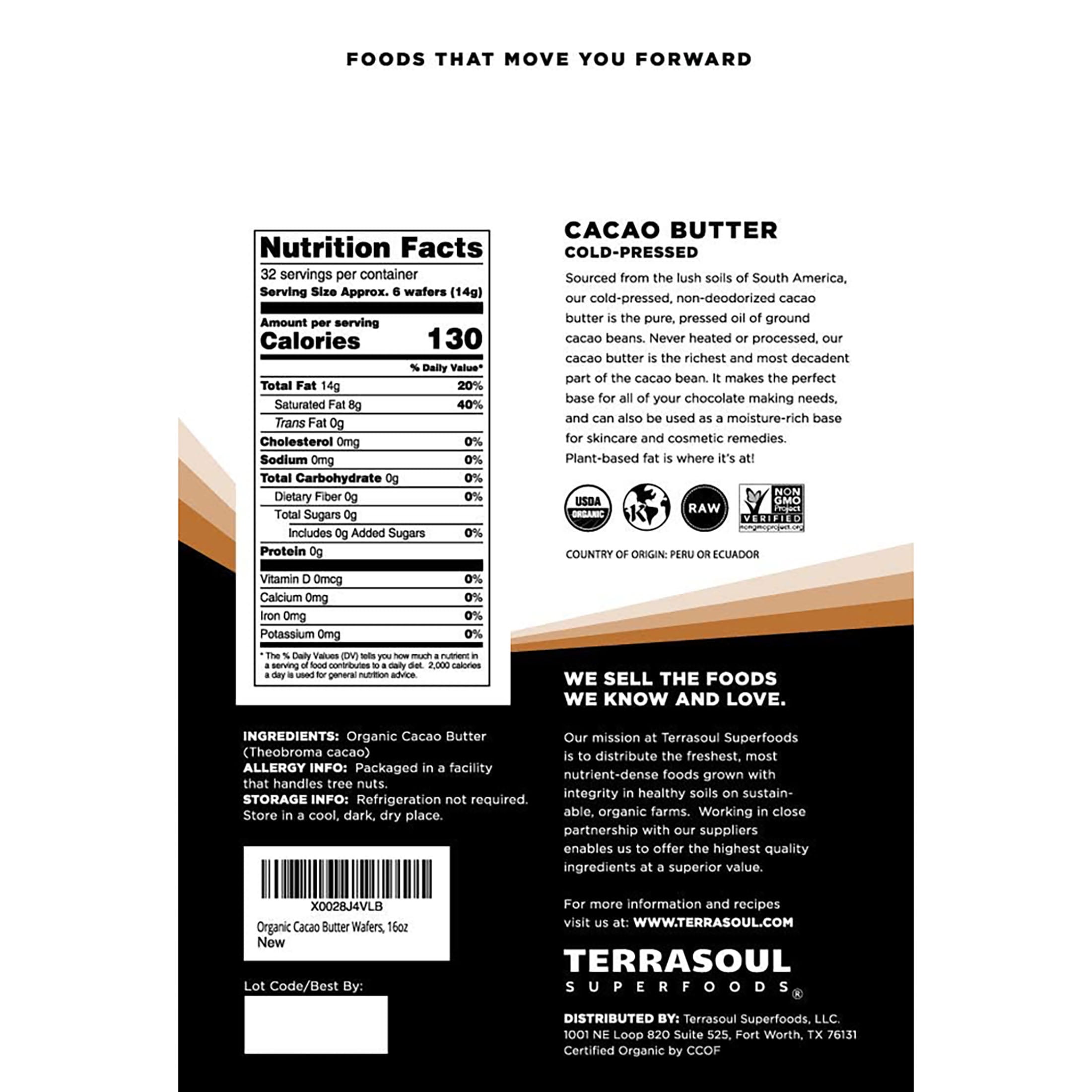 Terrasoul Superfoods Organic Cacao Butter Wafers, 1 Lb - Raw | Keto | Vegan | Unrefined