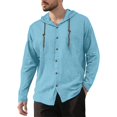 thumbnail image 2 of Hearthz Linen Hooded T Shirts for Man Button Down Long Sleeve Hoodie Men Drawstring Lightweight Beach Mens Sweatshirt Sky Blue XXXL, 2 of 10