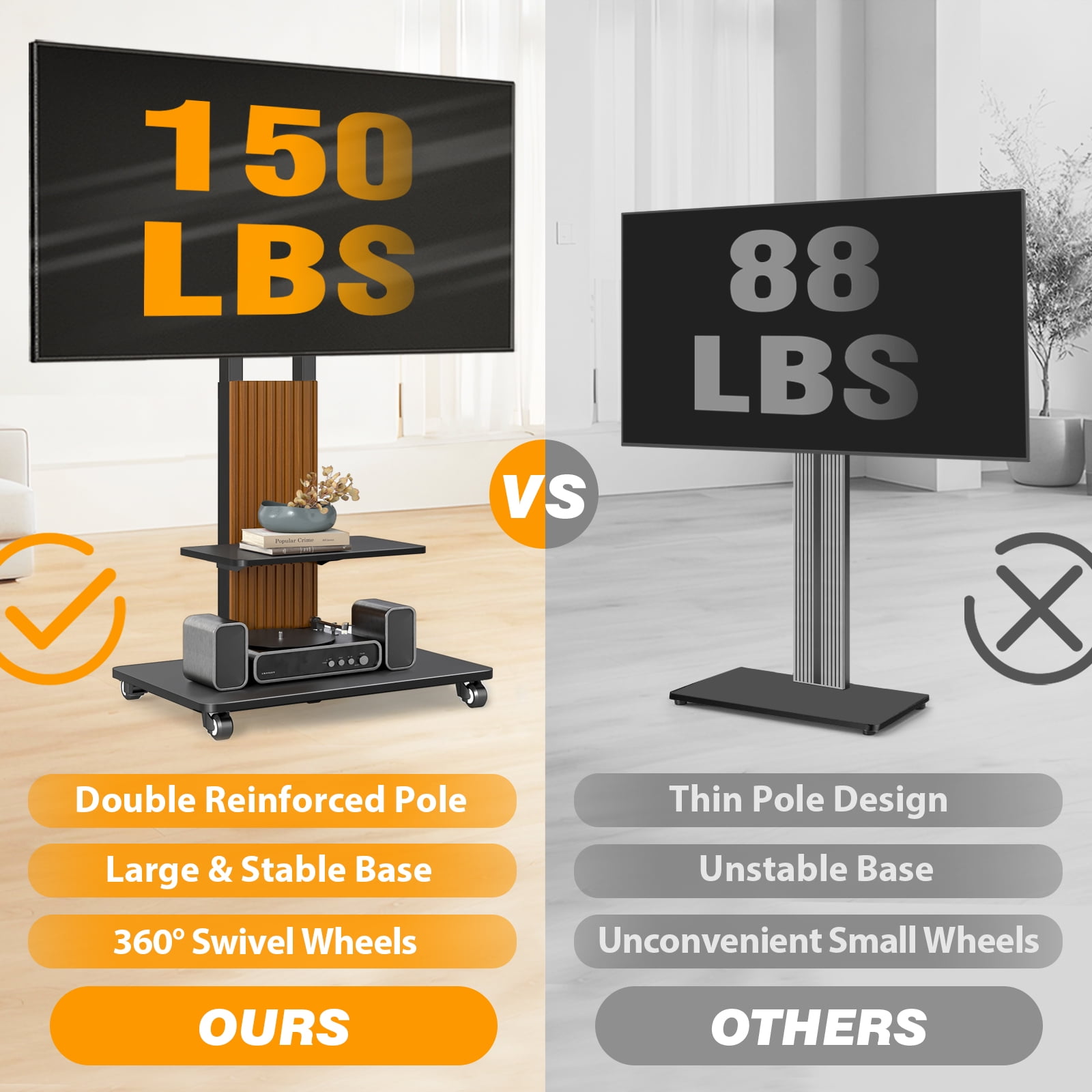 TAVR Heavy Duty Rolling TV Stand for 55-90 inch Large TVs up to 150 lbs, Universal Tall TV Stand with Mount, Height Adjustable TV Floor Stand with Large Storage Shelf for Living Room, Black