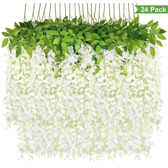 Scidweet 24 Pack Artificial Wisteria Flowers, Fake Hanging Flowers for Outdoor Indoor Home Wedding Ceremony Garden Decoration, White