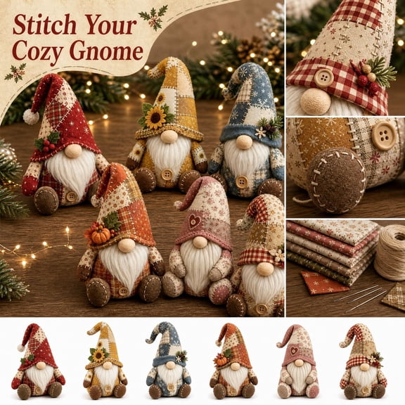 DIY Patchwork Gnome Sewing Kit Fabric Standing Swedish Tomte Plush Craft Material Pack for Christmas Holiday Shelf Mantel Decor 1 Set