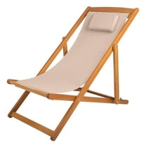 Lavish Home Adjustable Beach Lounge Chair for Patio – Folding Sling Recliner with Pillow & Wood Frame, Beige
