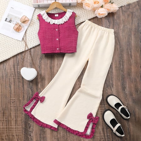 CUZIBR Girls Fashion 2 Piece Clothes Sets Lace Trim Round Neck Button Down Sleeveless Crop Top Solid Color Tank Top Flared Pants High Waist Split Trousers Outfit Casual Streetwear Pink 10-11 Years