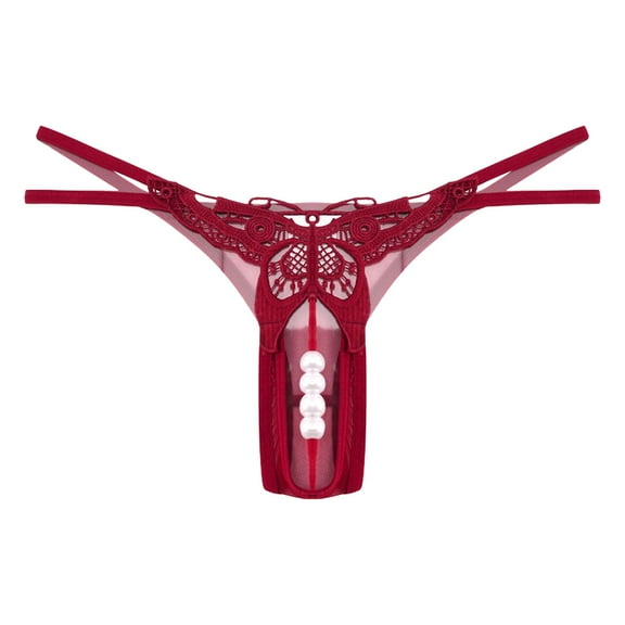 Women Embroidered Hollow Sexy Low Waist Underpants Open Cut Pearl Massage Thong Panties Comfortable Breathable Lingerie
