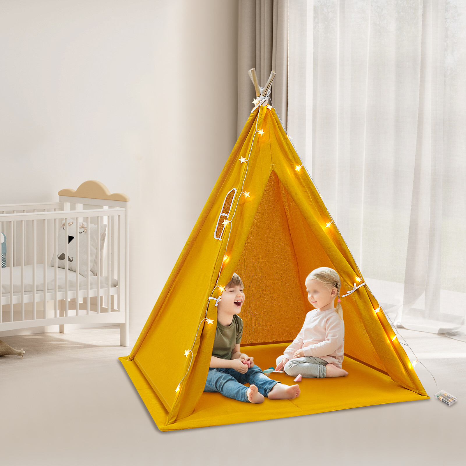 Kids Tent with String of Lights&Window&Floor Mat , Yellow, Camping Tent for 1-3 Kids(Aged 1-12)
