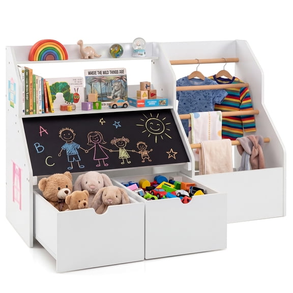 Costway Toy Storage Organizer with Flip-up Blackboard Open Shelves Solid Wood Hanging Rods White