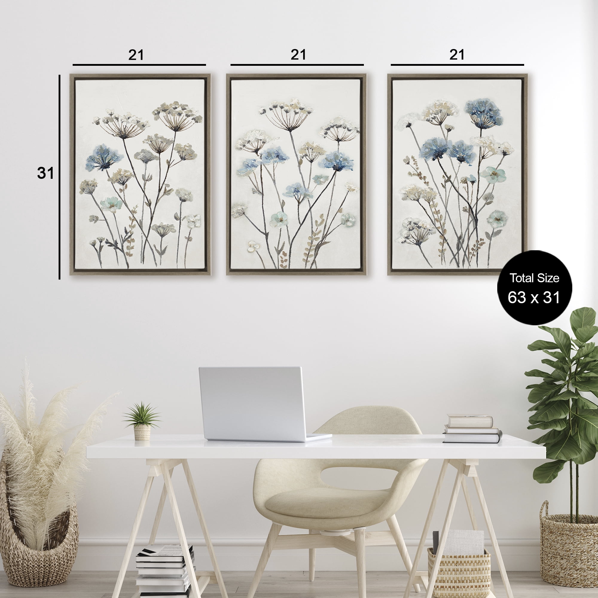 Stupell Industries Neutral & Blue Garden 3 Piece Brown Framed Floater Canvas Set, design by Patricia Pinto