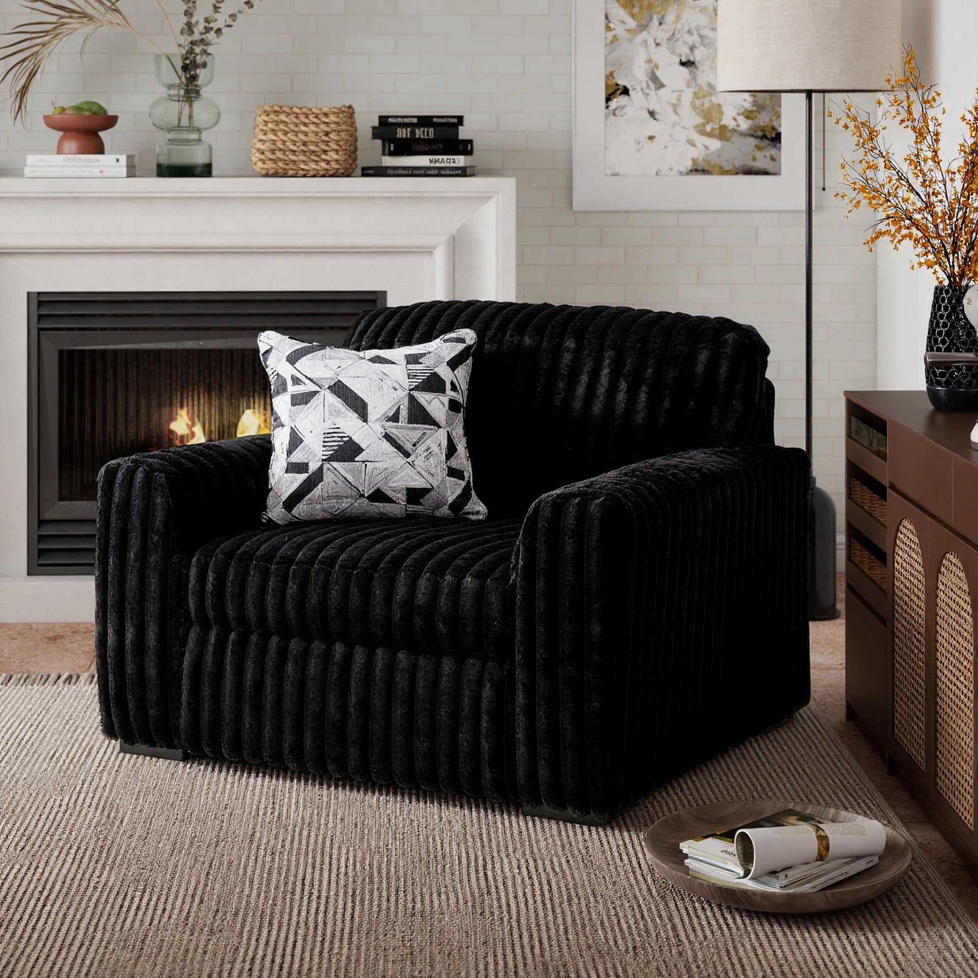 Roundhill Furniture Solenne Oversized Chair and a Half with Jumbo Corduroy Upholstery, Reversible Cushion, and Accent Pillow, Black