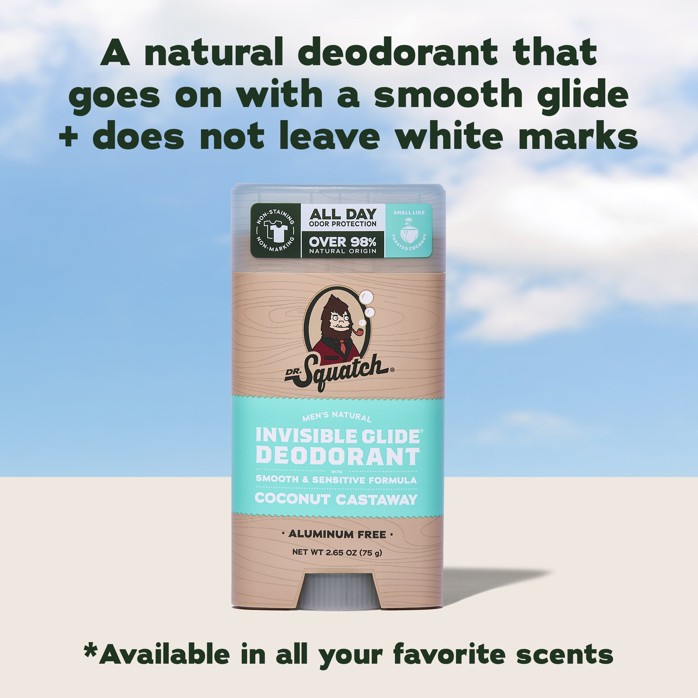 Dr. Squatch Mens Invisible Glide Deodorant Stick, Natural Aluminum Free Deodorant for Men, Coconut Castaway, 2.65 Oz