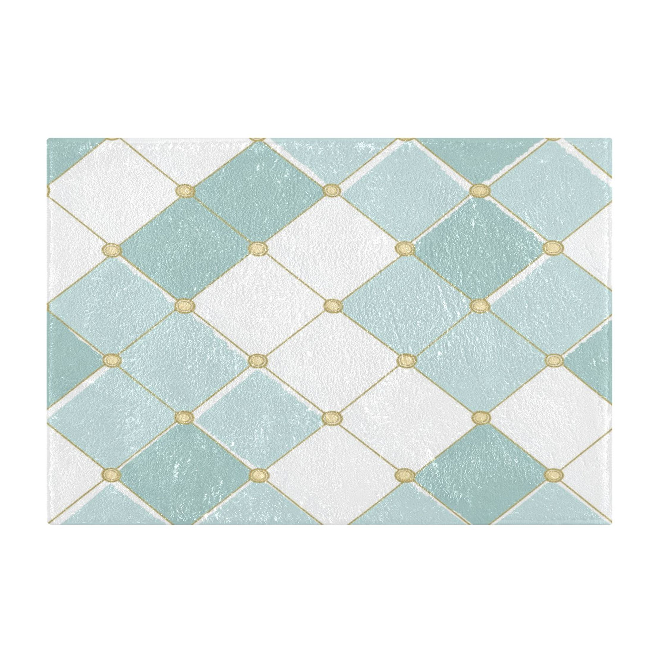 2 Piece Soft Bathroom Rug Set Pastel Teal Diamond Plaid Bath Mat and U-Shaped Toilet Contour Rug (16"x24"+20"x24")