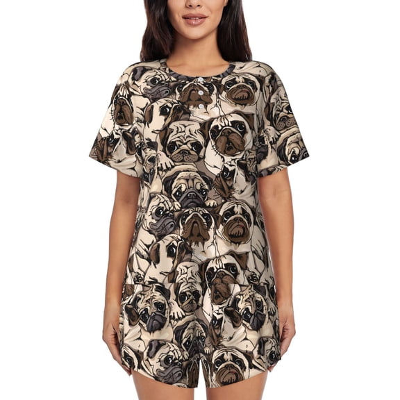 Logiee Cute French Bulldog Print Womens Pajamas Set,Short-Sleeve Pajama 2 Piece Sleepwear with Pockets-Small
