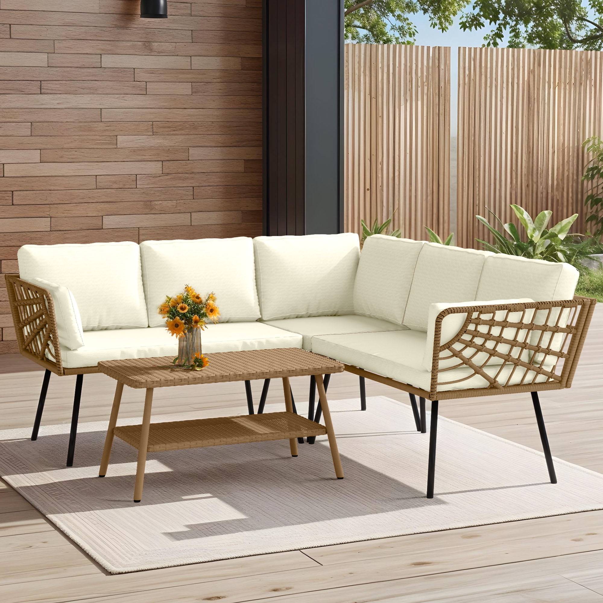 Uforic 4 Piece Outdoor Patio Furniture Set, Rattan Wicker Outdoor Conversation Sectional Sofa Set, Beige